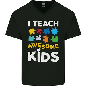 I Teach Awesome Kids Funny Teacher Teaching Mens V-Neck Cotton T-Shirt - Picture 1 of 37
