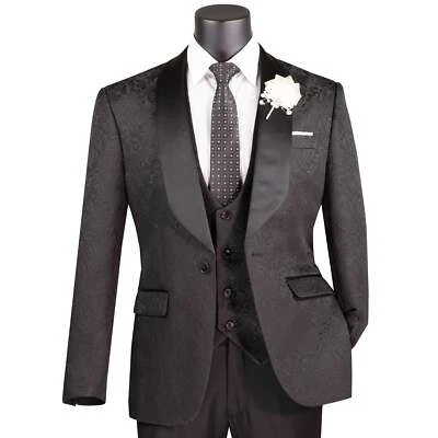 VINCI Men's Black Jacquard 3 Piece Slim Fit Tuxedo Wedding Suit NEW - Image 1 of 4