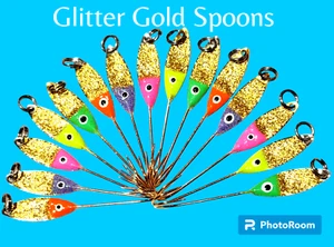 Shad Flutter Spoons, GLITTER GOLD, Size 2, SALE!!! Top Asst. Colors, 50 spoons - Picture 1 of 6