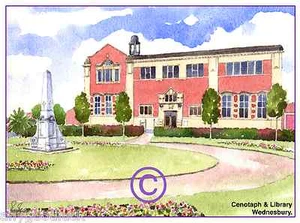 WEDNESBURY CENOTAPH/LIBRARY WEST MIDS WATERCOLOUR ARTISTS PRINT ART CARD 8"x 6" - Picture 1 of 1