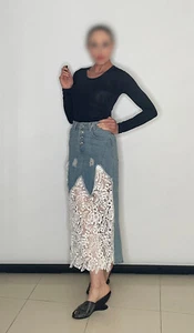 Lace Denim Maxi Skirt Boho Bohemian Casual Denim Lace Skirt 80s Style - Bild 1 von 8