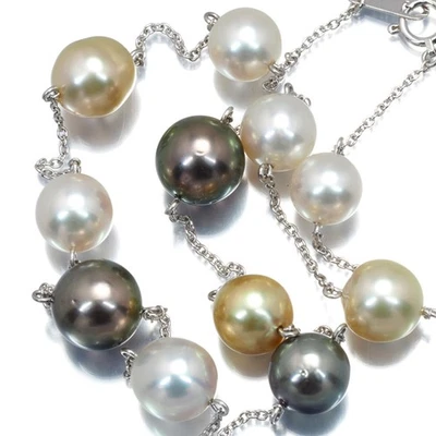 Auth TASAKI Necklace Golden Pearl 8.3-10.3mm Station 18K 750 White Gold  - Image 1 of 4