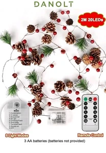 Christmas Garland 6ft LED Decoration Cones Berries Warm White Light - Picture 1 of 3