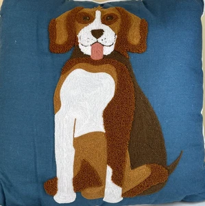 Envogue Home Beagle Dog Crewel Throw Pillow 18x18 Blue Embroidered NWT - Picture 1 of 7