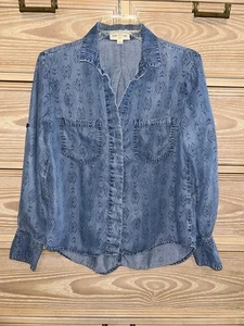 Top Cloth & Stone Anthropologie manga 3/4 lengüeta enrollable azul tencel abotonado pequeño - Imagen 1 de 4