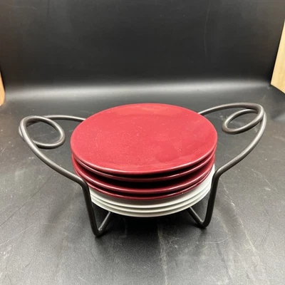 Pampered Chef 6” Round Appetizer Plates Cranberry & White w Plate Holder(3802) - Image 1 of 4