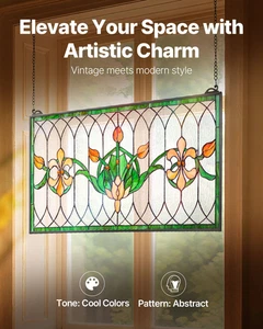 Stained Glass Tiffany Style Hanging Window Panel with Chain 32 x 17 Inches - Picture 1 of 10