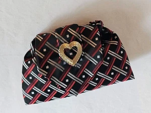 Handmade Black Red Silver Geometric Pattern Tie Clutch Bag Gold Heart Pin OOAK - Picture 1 of 7
