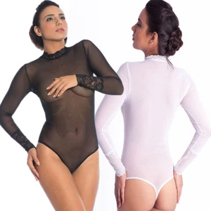 Tüllbody Langarmbody Damen Body Stringbody Langarm bodys Schwarz,Weiß Damenbody - Bild 1 von 7