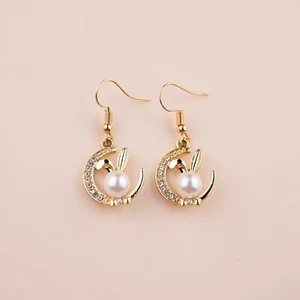 Cute Bunny Rabbit Ears Faux Pearl Rhinestone Easter Hook Dangle Drop Earrings - Picture 1 of 1