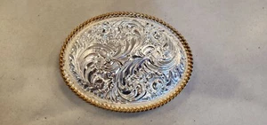 Crumrine Western Floral Rope Border Belt Buckle 4 in. wide. - Picture 1 of 3