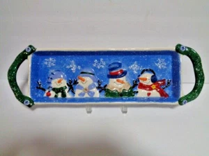 St Nicholas Square Button Up Snowmen Cookie Treat Platter Handled 16" x 4.5" - Picture 1 of 6