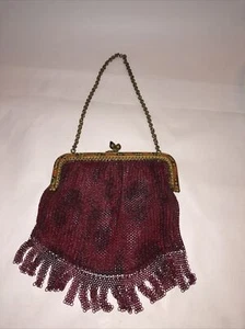 Antique Vtg Art Deco Red Purse Chain Mail Mesh Floral  Stone On Clasp flapper - Picture 1 of 12