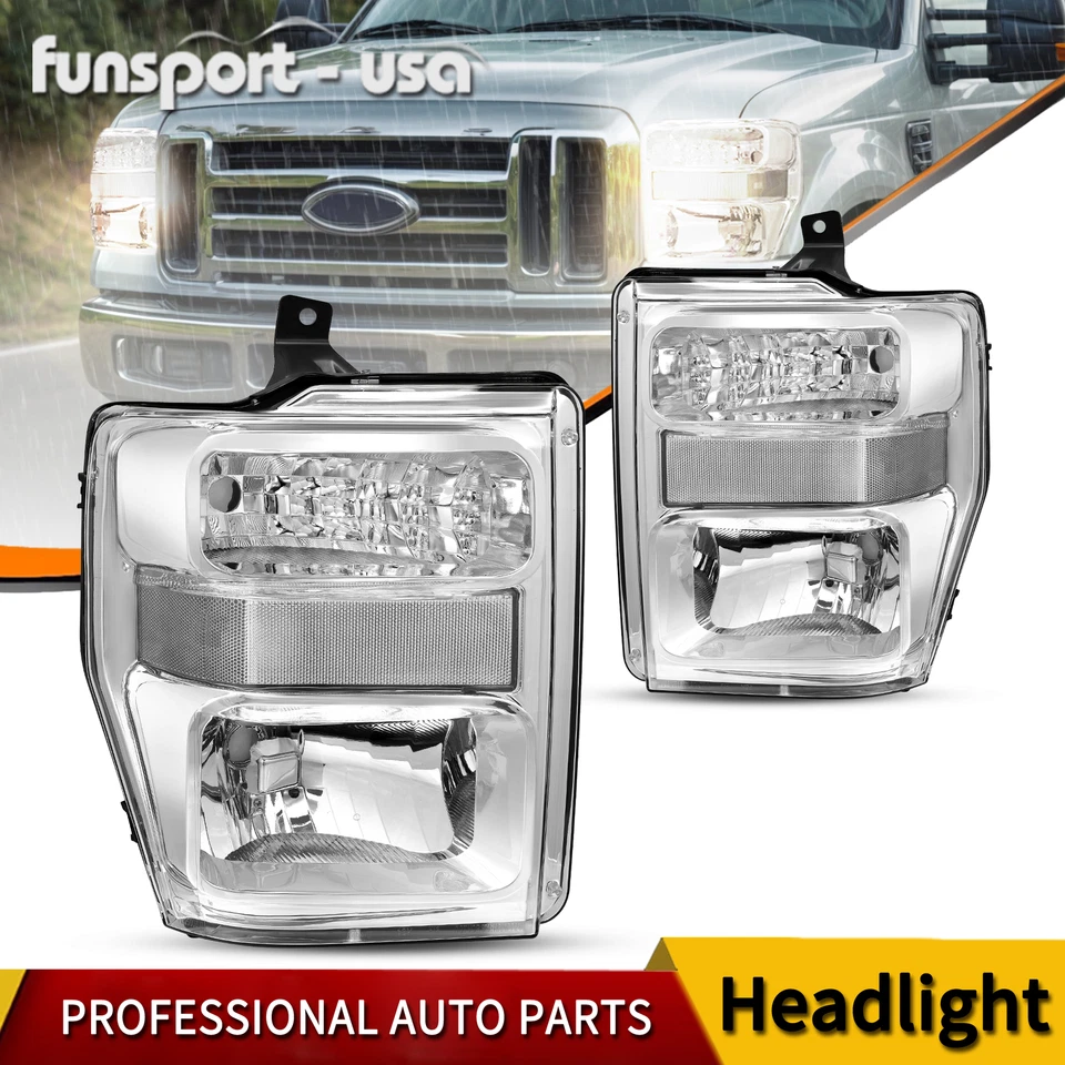 Front Headlights for 2008-2010 Ford F250 F350 Super Duty Chrome Housing Headlamp - Image 1 of 4