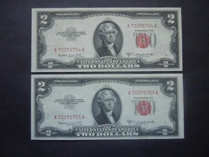 (2) 1953 B $2.00 Consecutive "RED SEAL" Notes   Uncirculated Gems - Picture 1 of 2