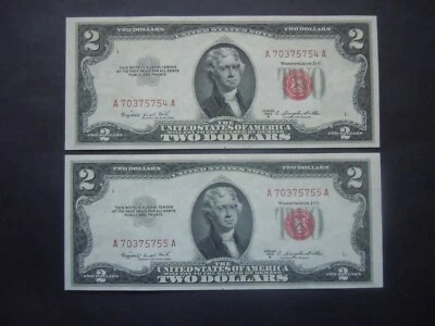 (2) 1953 B $2.00 Consecutive "RED SEAL" Notes   Uncirculated Gems - Image 1 of 2
