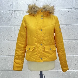NOISY MAY YELLOW PUFFER FAUX FUR ZIP UP BUTTON FRONT SATIN LINED JACKET Y2K UK S - Picture 1 of 6