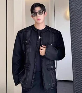 Men's Fashion Round Collar Long Sleeve Loose Stripe Autumn Coat Spring Jacket - Picture 1 of 9