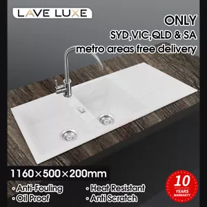 White Granite Quartz Stone Double Bowls Drainer Kitchen Sink Waste 1160x500mm - Picture 1 of 11