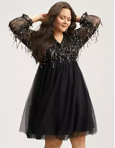 NEW BloomChic Black Gold Sequin Mesh Patchwork Tassel Dress Size 1X 14-16 - Picture 1 of 5