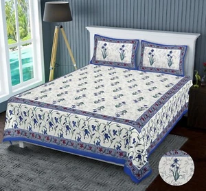 Blue King Size Bed Sheet With 2 Pillow Cover Indian Cotton Printed Traditional - Picture 1 of 4