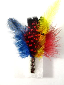 Handmade FEATHER BOUTONNIERE Silver Pinback Men Women Wedding Coat Lapel Suit #2 - Picture 1 of 3