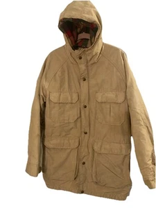 Woolrich Vintage Tan Hooded Parka Plaid Lined Small Zip Snap Rain Jacket - Picture 1 of 4