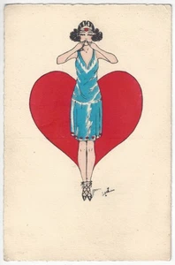1920's Artist Signed Art Deco Flapper Girl & Giant Heart - Sexy Risqué Postcard - Imagen 1 de 2