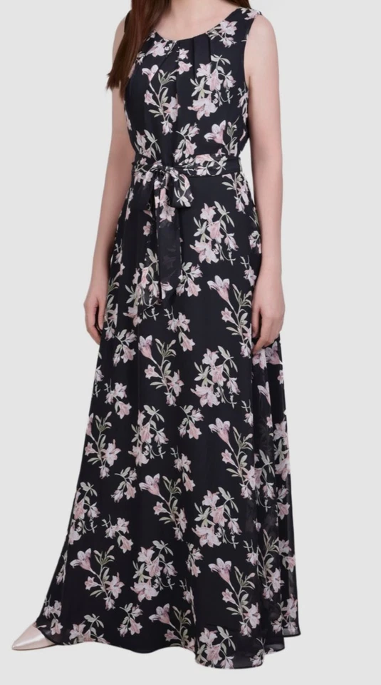 Maxi Vestido Para Mujer Colección NY Negro Rosa Estampado Floral Forrado Gasa Talla XL Foto 1 de 1