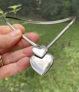 🎥 Italian Silver! Double Heart Necklace Collar Torque Choker Sterling Vintage - Picture 1 of 17