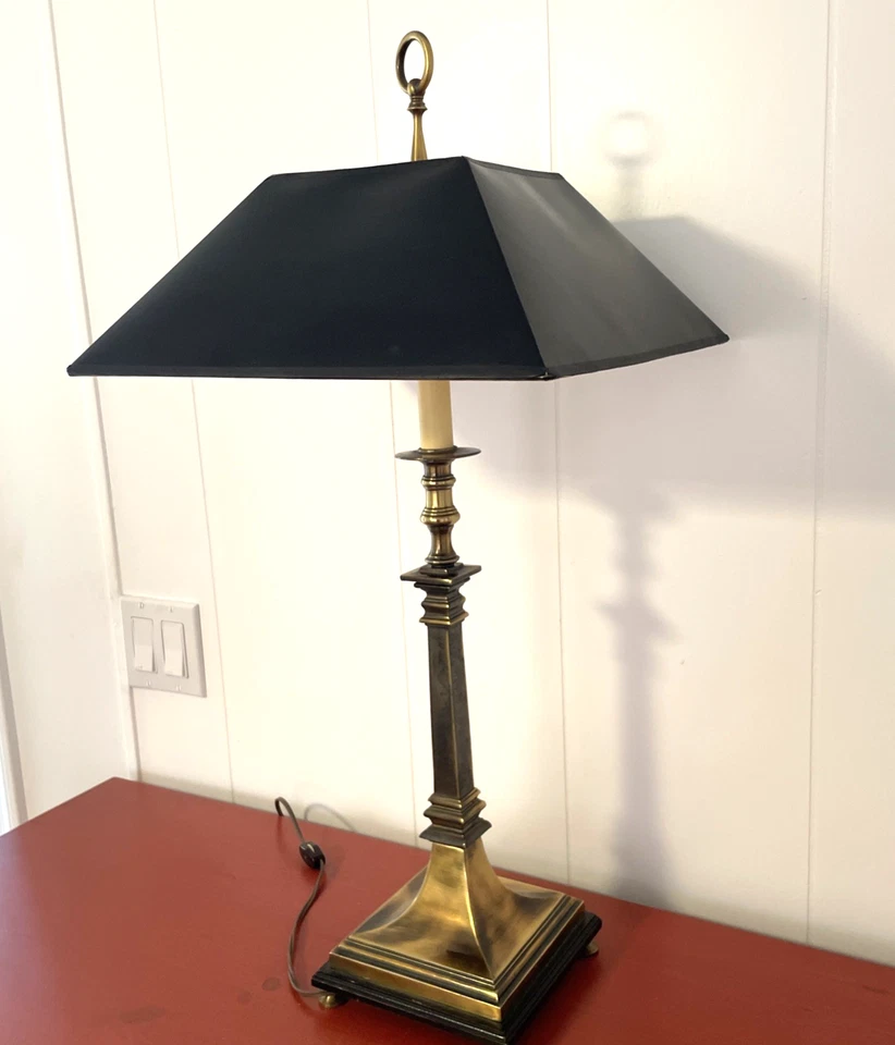 老式2个灯泡方形黄铜烛台灯带黑色灯罩29 — 第 1/4 张图片