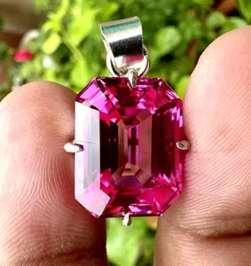 23 Ct A++ Natural Pink Sapphire Emerald Cut 925 Solid Silver Pendant Gemstone - Picture 1 of 7