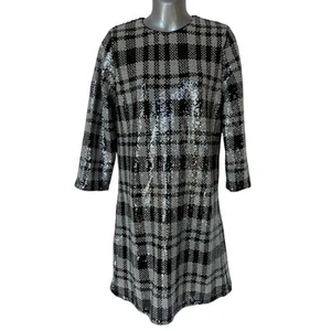 Abito Draper James RSVP nero grigio argento paillettes quadri midi donna taglia 12 - Foto 1 di 10
