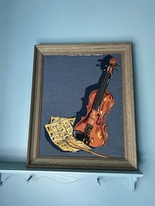 Large Vintage Framed Embroidery Of Violin And Sheet Music 26” By 32” - Picture 1 of 21