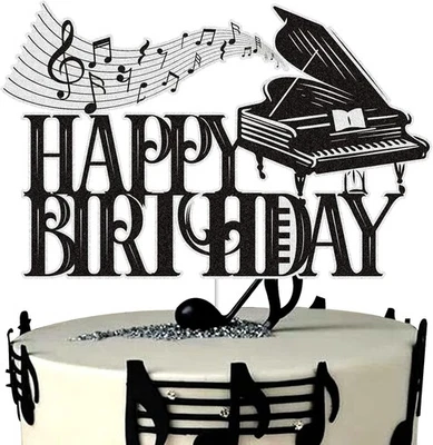 Música Piano Feliz Cumpleaños Pastel Topper Negro Brillo Notas Musicales...  Foto 1 de 4