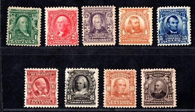 US 1902 SCOTT #300-308 COMO NUEVO BISAGRA DE LUZ LOS 4¢ y 13¢ nunca están articulados en muy buen estado Foto 1 de 2