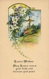Yellow Background Path To Wood Cross Greenery Easter Wishes Postcard - Picture 1 of 2