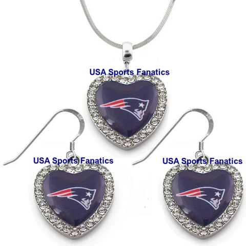 New England Patriots 925 Necklace or Earrings or Set Team Heart With Rhinestones Cover