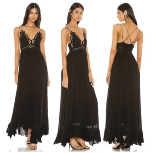 Free People Adella Crochet Lace Maxi Slip Dress S Strappy Black $128 Nice Boho - Picture 1 of 15