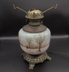 Antique Winter Scene Electric Table Lamp With Hand-Painted Glass & Metal Base - Picture 1 of 13