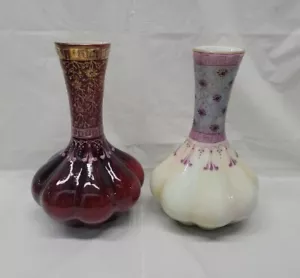 HARRACH MARMORIERTES KARNEOL VASES PAIR ART NOUVEAU ENAMELED BOHEMIAN 1890s 4610 - Picture 1 of 23