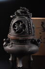 F1508: XF Japanese Copper Flower Dragon sculpture INCENSE BURNER w/signed box