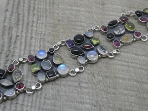Vintage Sterling Silver Arts & Crafts Design Mixed Gem Bracelet Moonstone,Garnet - Picture 1 of 7