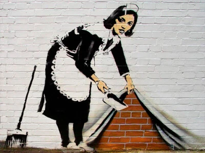 BANKSY FRAMED CANVAS STREET GRAFFITI PAINTING PRINT WOMEN CLEANING WALL PRINT  - image 1 of 4