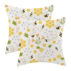 Bee Pillow Covers 18x18 Set of 2 Summer Outdoor Bee Floral Decorative Throw P... - Picture 1 of 7