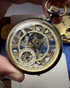 1890s gunmetal pocket watch skeletonised dial and movement exhibition case - Picture 1 of 22