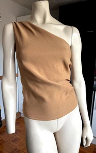 VGC Ladies ZARA Plain CARAMEL Warm TOFFEE FUDGE TAN Stretch ONE SHOULDER Top S - Picture 1 of 6