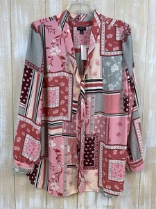 Neu mit Etikett Talbots Damengröße 2X rosa Patchwork-Druck Bluse mit Bindeband am Ausschnitt Oberteil Langarm - Bild 1 von 7