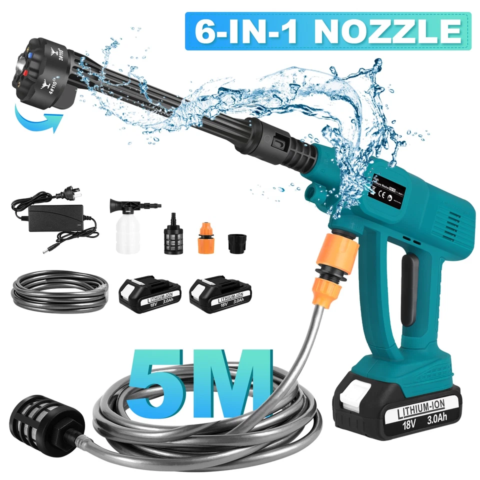 MARKENLOS w/ 3Ah Akku 6 in 1 Hochdruckreiniger Druckreiniger Spritzpis für Makita 18V Akku