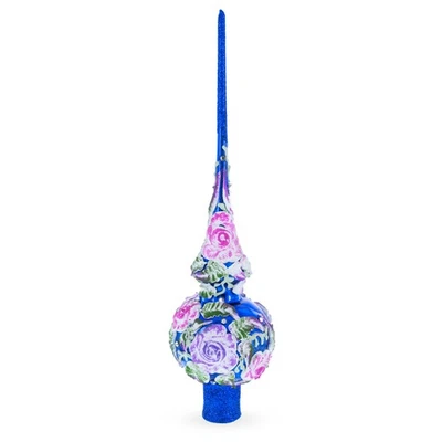 Raised Pink Roses on Cobalt Blue Glass Tree Topper 11 Inches - Image 1 of 4